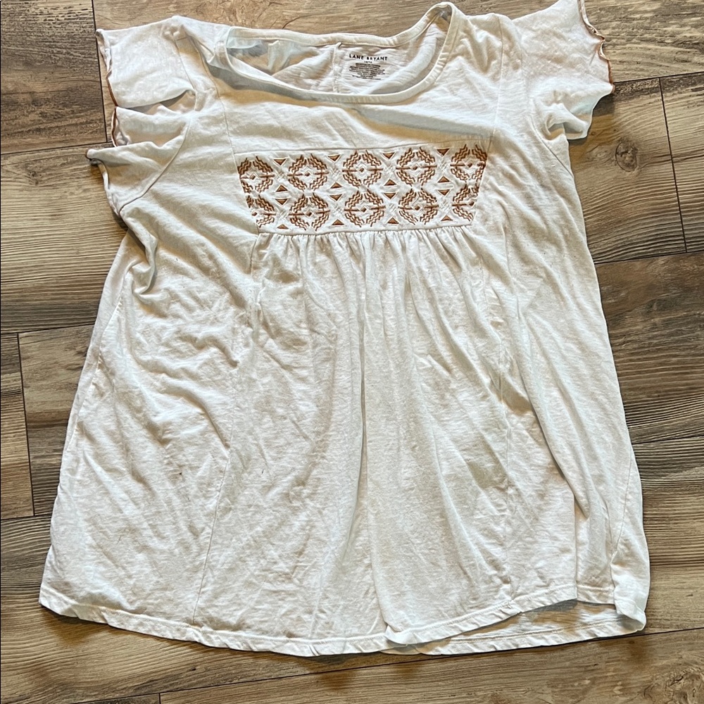 Lane Bryant White Short Sleeve Top with Brown embroidered Accents